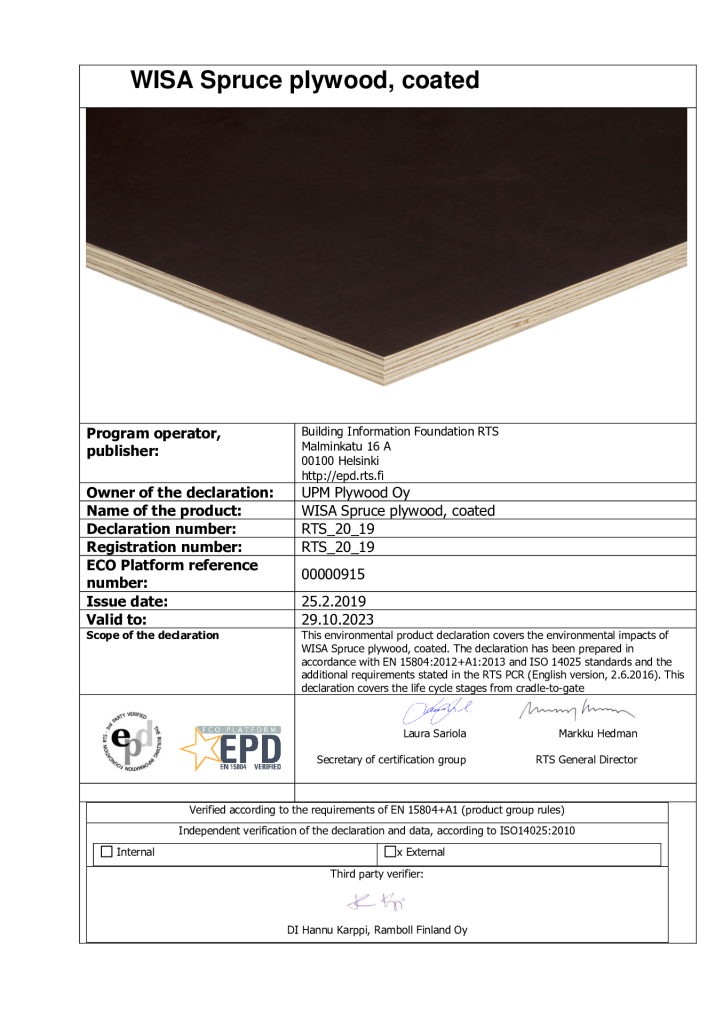 Wisa Board Environmental Product Data Sheet
